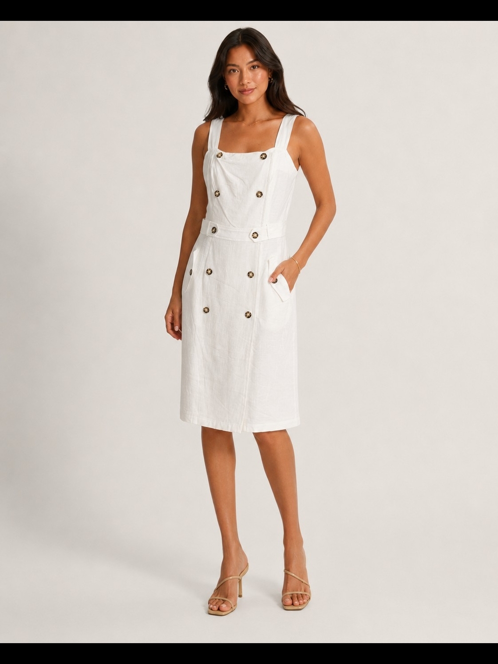 Women's Off-White Double-Breasted Linen Midi Dress Size L - Picture 2 of 3
